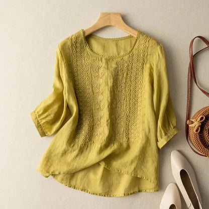 Elise Blouse – Embroidered Flowy Top with Cuffed Sleeves