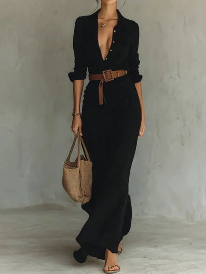 Savina Lapel Long Sleeve Belted Maxi Dress