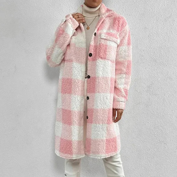 Marla Checkered Jacket – Oversized Faux Fur Plaid Knit