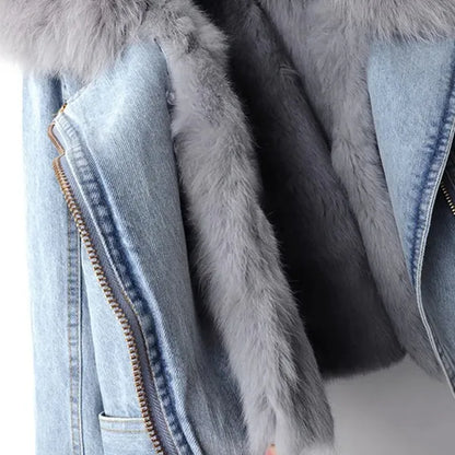 Ava Denim Jacket – Faux Fur Lined, Removable Collar