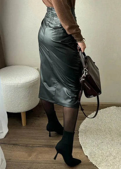 Maeve Premium Leather Midi Skirt with Front Slit