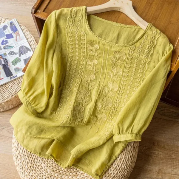 Elise Blouse – Embroidered Flowy Top with Cuffed Sleeves