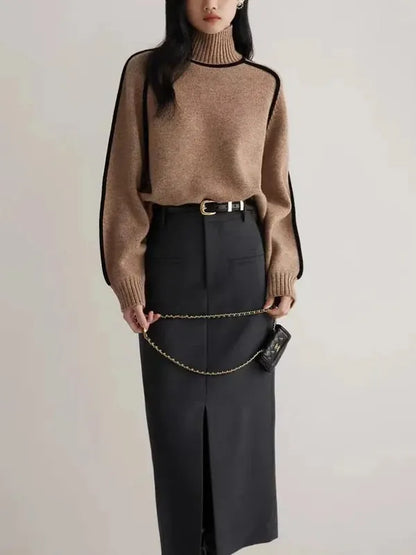 Elano Turtleneck Sweater – Contrast Seam Ribbed Knit
