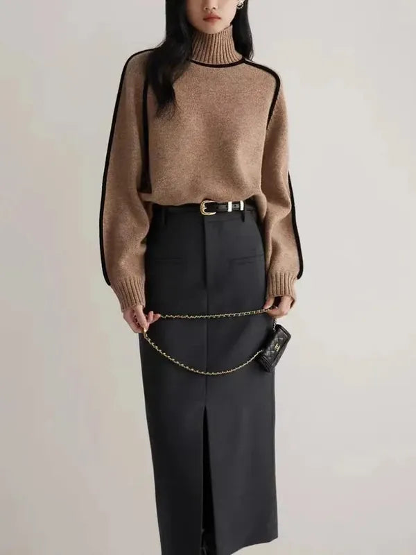 Elano Turtleneck Sweater – Contrast Seam Ribbed Knit