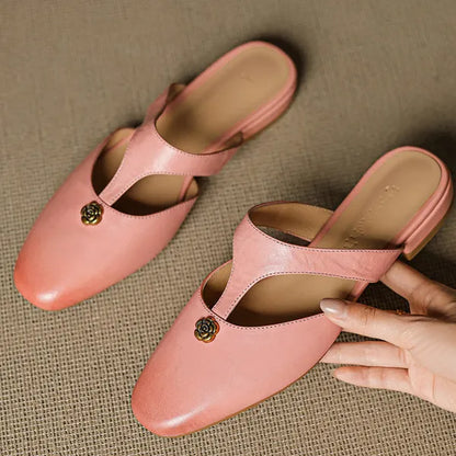 Roslyn Genuine Leather T-Strap Mules