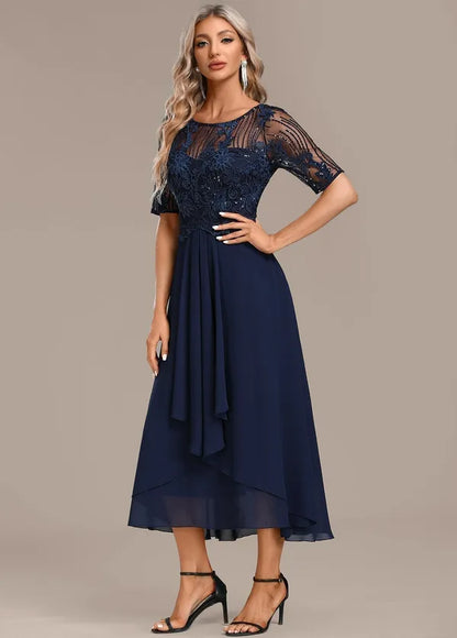 Adeline Navy Lace Short Sleeve Dress – Formal & Wedding