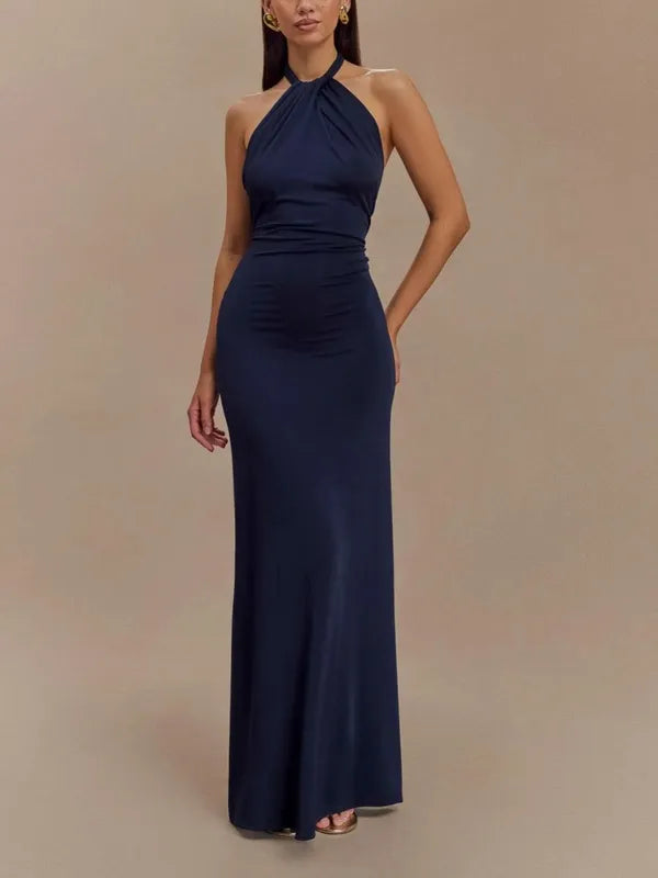 Solana Maxi Halter Dress – Ruched Open-Back Formal Gown