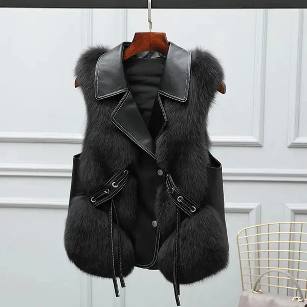 Lucia Faux Fur Vest – Leather Trim & Lapels