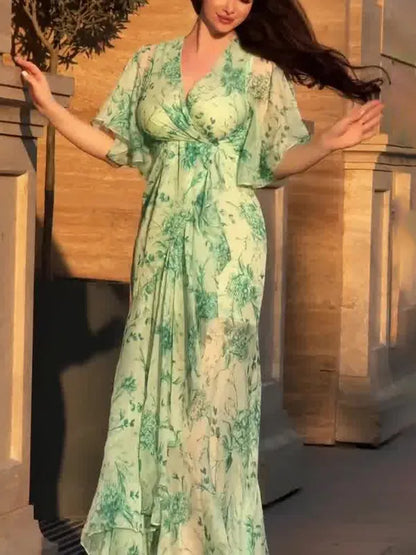 Ivora Retro Midi Dress – V-Neck & Trumpet Sleeves