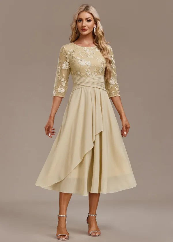 Bellamy Floral Embroidered 3/4 Sleeve Dress – Champagne