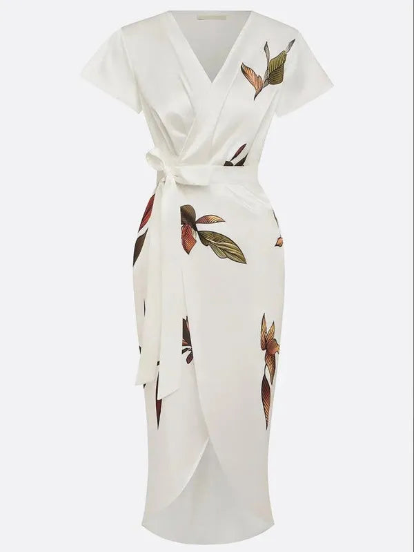 Callista Wrap Dress With Tie Belt – Leaf Print