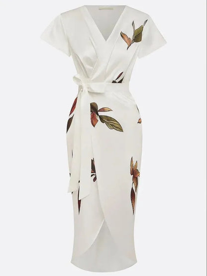 Callista Wrap Dress With Tie Belt – Leaf Print
