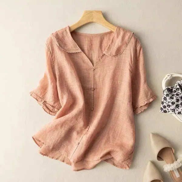 Tiara Linen Blouse – Scalloped Trim & Puff Sleeves