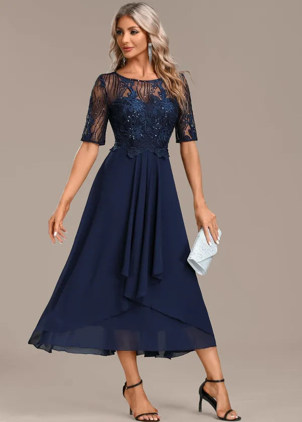 Adeline Navy Lace Short Sleeve Dress – Formal & Wedding