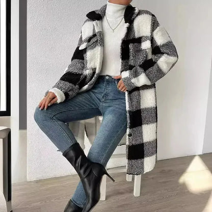 Marla Checkered Jacket – Oversized Faux Fur Plaid Knit