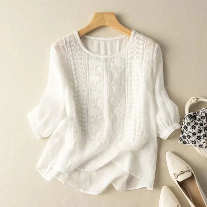 Elise Blouse – Embroidered Flowy Top with Cuffed Sleeves