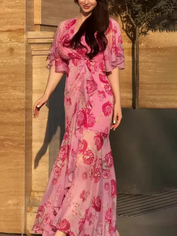 Ivora Retro Midi Dress – V-Neck & Trumpet Sleeves