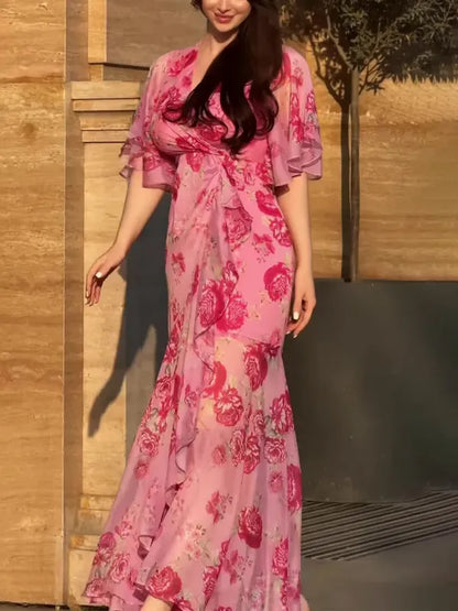 Ivora Retro Midi Dress – V-Neck & Trumpet Sleeves