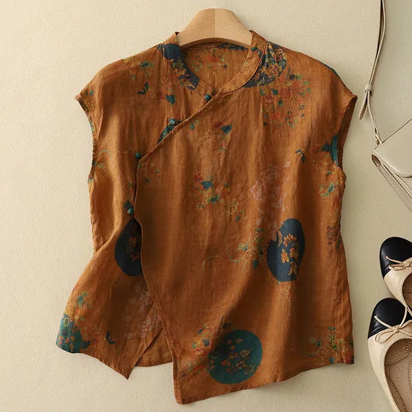 Florith Blouse – Floral Mandarin Neckline & Vintage Buttons