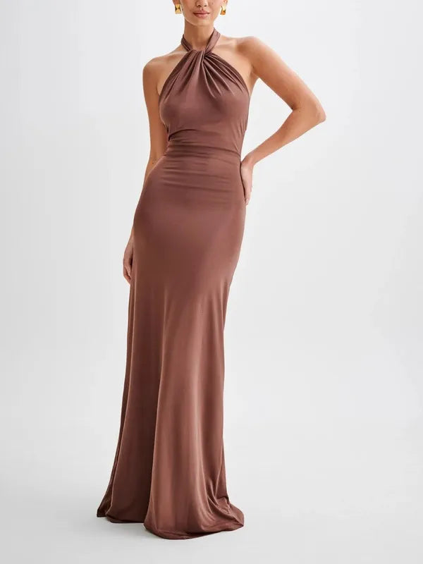 Solana Maxi Halter Dress – Ruched Open-Back Formal Gown