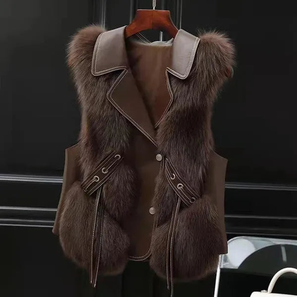 Lucia Faux Fur Vest – Leather Trim & Lapels