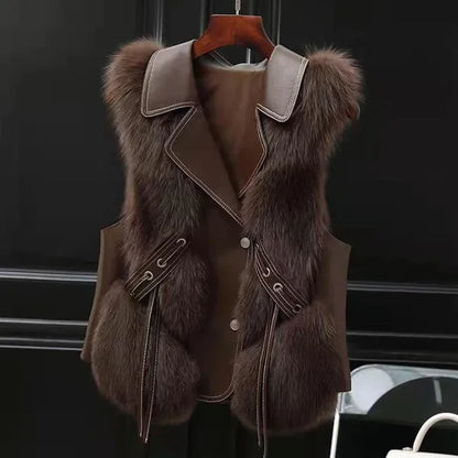 Lucia Faux Fur Vest – Leather Trim & Lapels