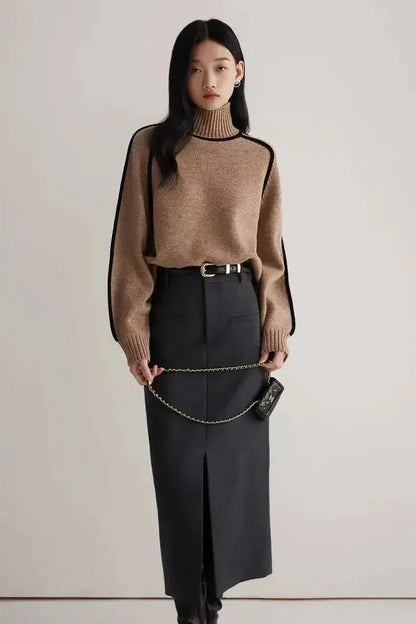 Elano Turtleneck Sweater – Contrast Seam Ribbed Knit