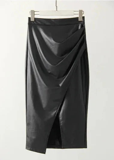 Maeve Premium Leather Midi Skirt with Front Slit