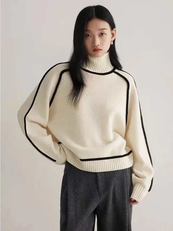Elano Turtleneck Sweater – Contrast Seam Ribbed Knit