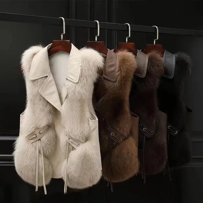 Lucia Faux Fur Vest – Leather Trim & Lapels