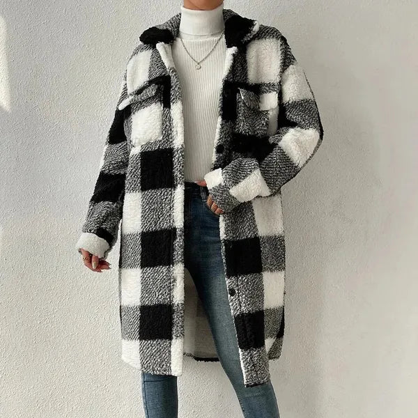 Marla Checkered Jacket – Oversized Faux Fur Plaid Knit