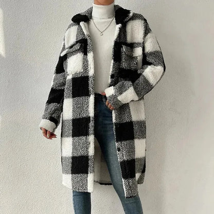 Marla Checkered Jacket – Oversized Faux Fur Plaid Knit