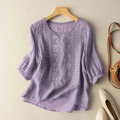 Elise Blouse – Embroidered Flowy Top with Cuffed Sleeves