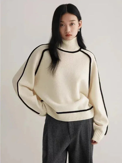 Elano Turtleneck Sweater – Contrast Seam Ribbed Knit