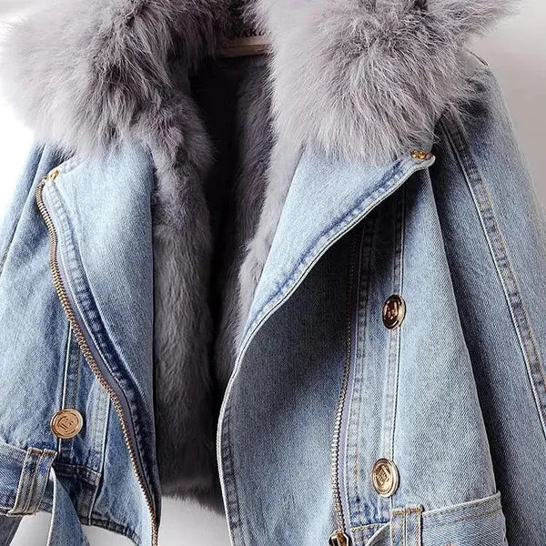 Ava Denim Jacket – Faux Fur Lined, Removable Collar