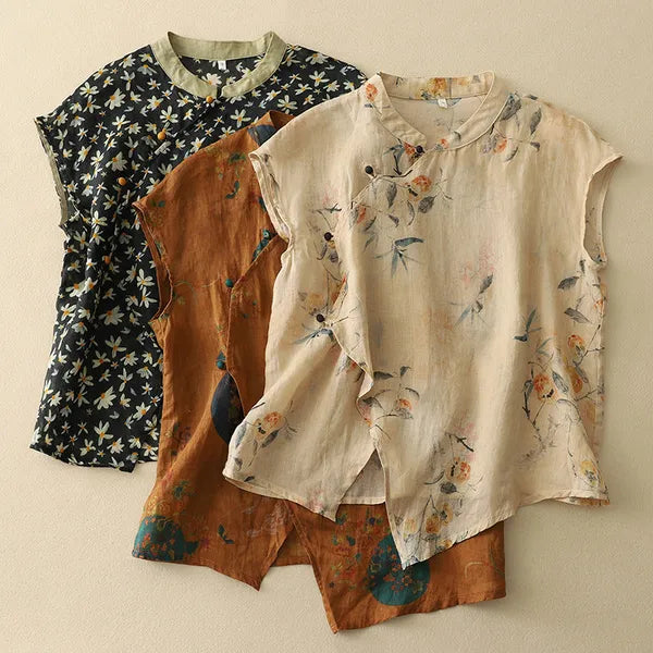 Florith Blouse – Floral Mandarin Neckline & Vintage Buttons