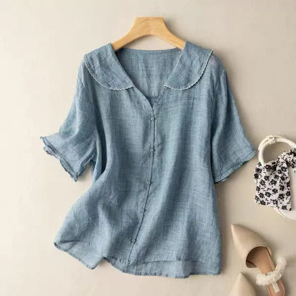 Tiara Linen Blouse – Scalloped Trim & Puff Sleeves
