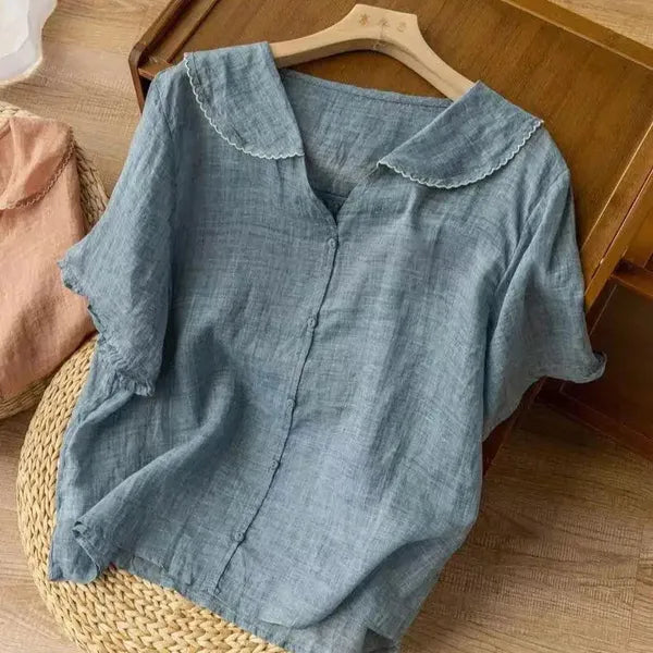 Tiara Linen Blouse – Scalloped Trim & Puff Sleeves
