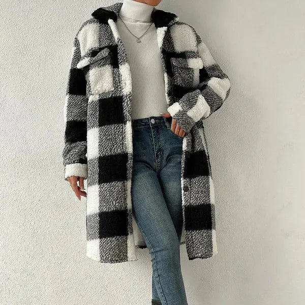 Marla Checkered Jacket – Oversized Faux Fur Plaid Knit