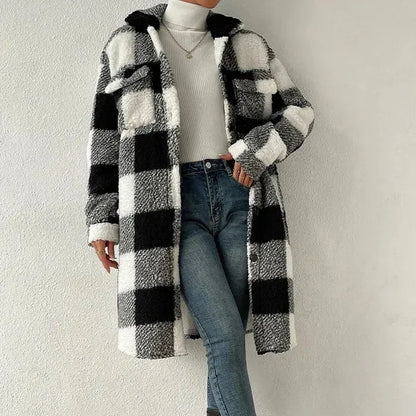 Marla Checkered Jacket – Oversized Faux Fur Plaid Knit