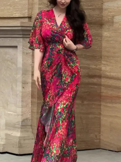 Ivora Retro Midi Dress – V-Neck & Trumpet Sleeves