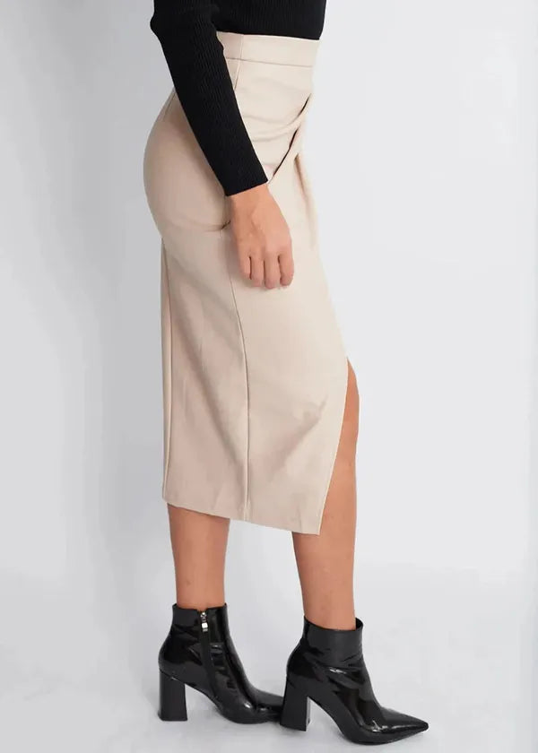 Maeve Premium Leather Midi Skirt with Front Slit