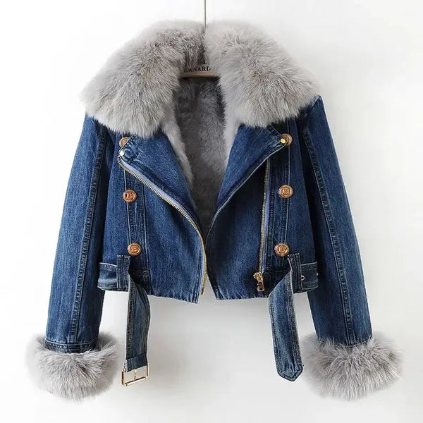 Ava Denim Jacket – Faux Fur Lined, Removable Collar