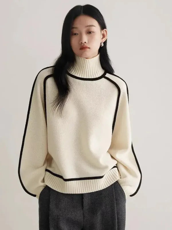 Elano Turtleneck Sweater – Contrast Seam Ribbed Knit