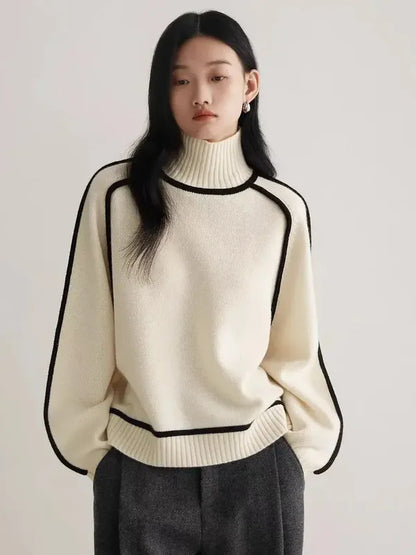 Elano Turtleneck Sweater – Contrast Seam Ribbed Knit
