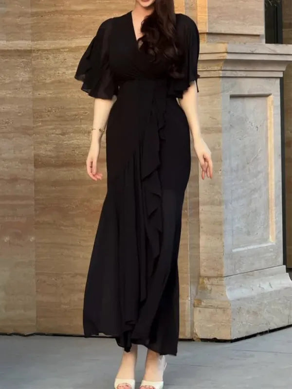 Ivora Retro Midi Dress – V-Neck & Trumpet Sleeves