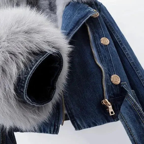 Ava Denim Jacket – Faux Fur Lined, Removable Collar