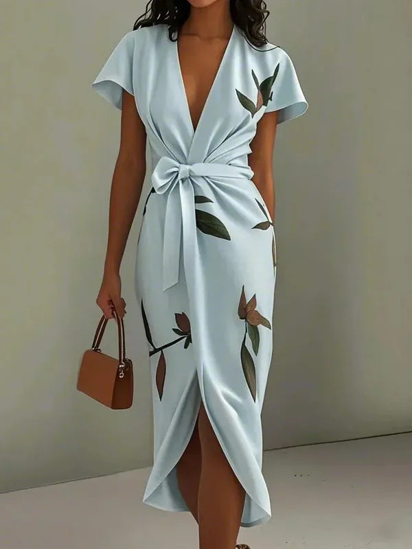Callista Wrap Dress With Tie Belt – Leaf Print