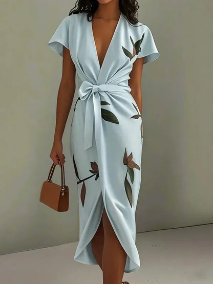 Callista Wrap Dress With Tie Belt – Leaf Print