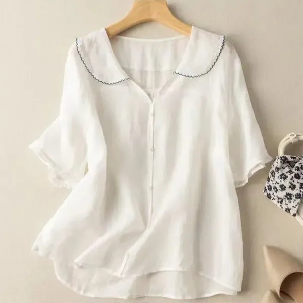 Tiara Linen Blouse – Scalloped Trim & Puff Sleeves